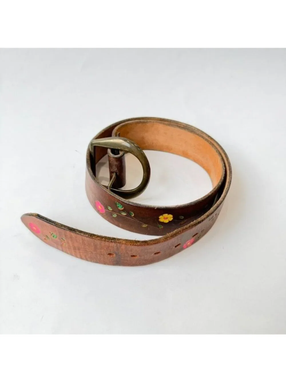 Vintage Hand Painted Floral Leather Belt Brown Brass Buckle Men's Size 30